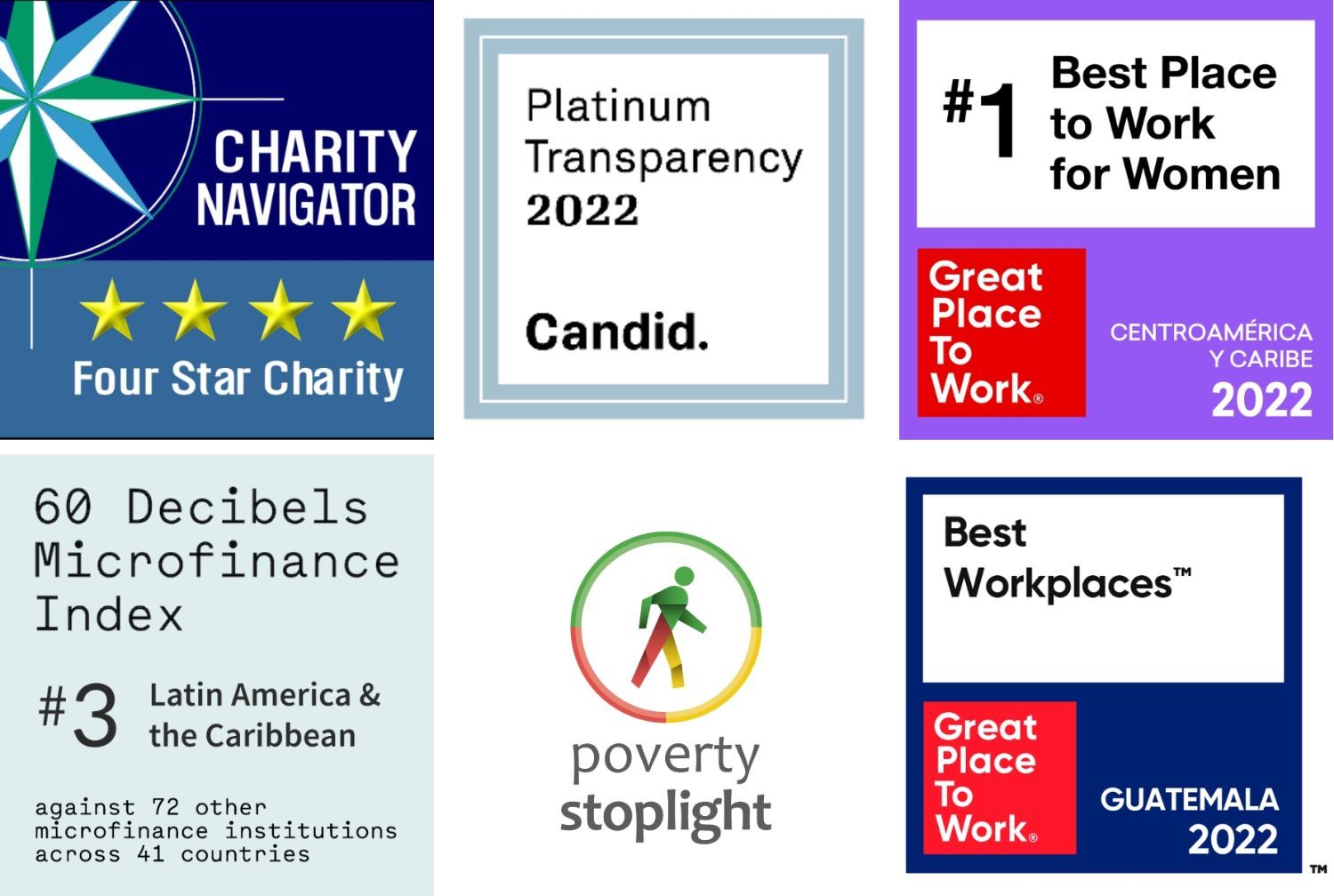 Charity Navigator, Candid, Great Place to Work, 60 Decibels, and Poverty Stoplight logos